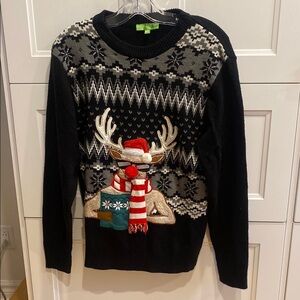 UGLY FESTIVE SWEATER long sleeved Black & Gray Reindeer Sweater Size Small